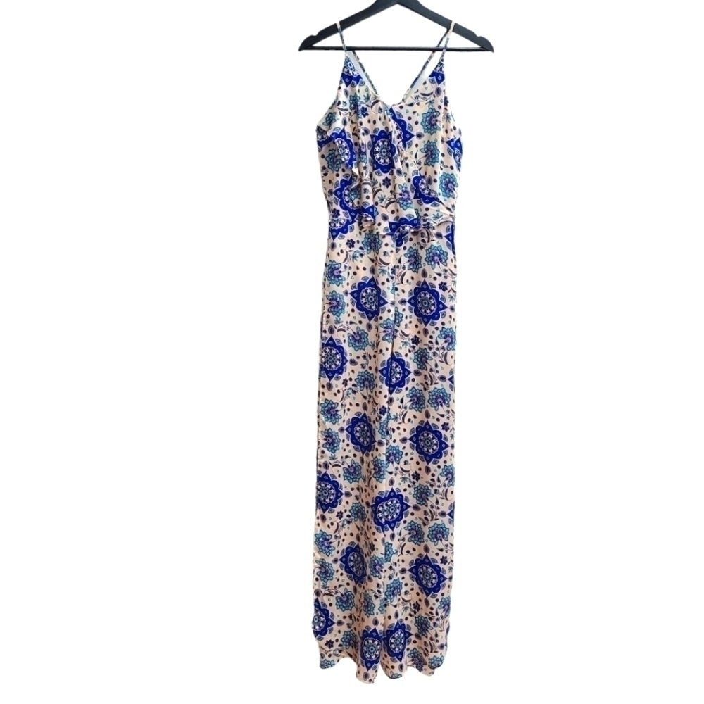TAMGA Designs Blue Tan Paisley Split Side Wide Leg Jumpsuit Small